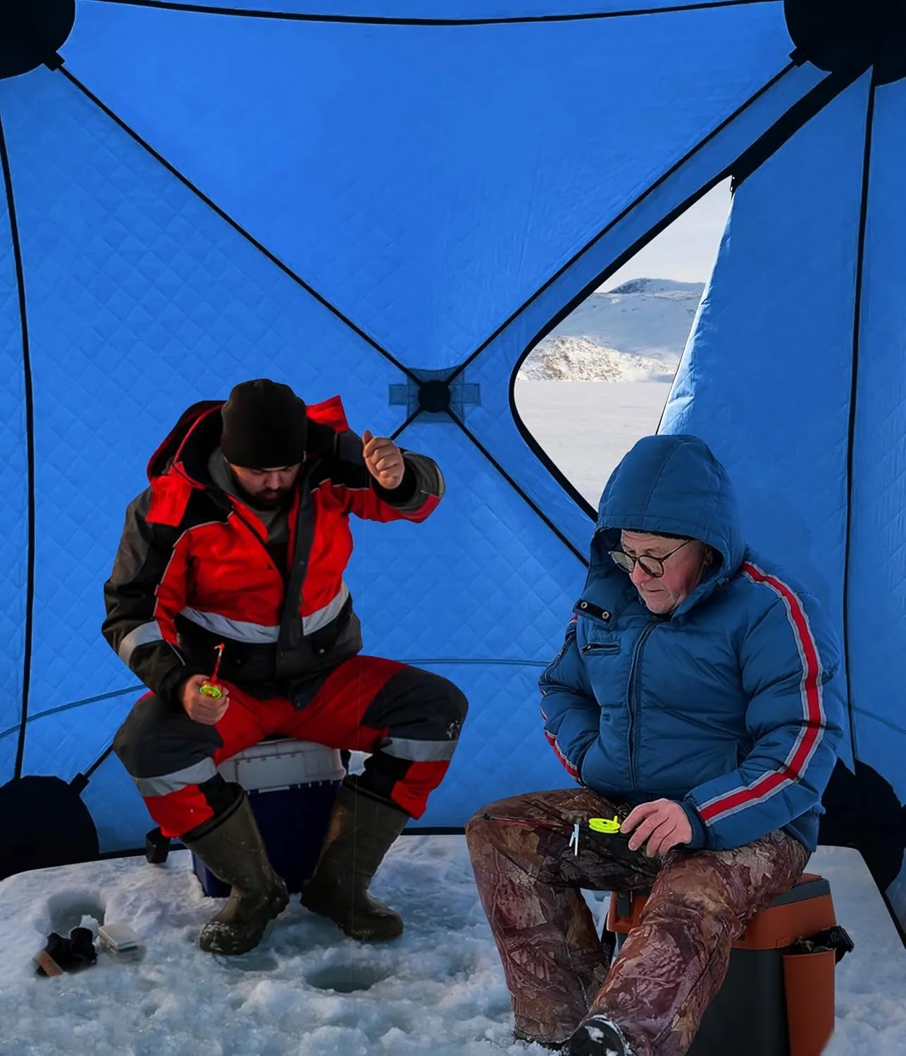 Portable Ice Fishing Shelter - Spacious 3 to 4-Person Pop-Up Ice Fishing Tent - Durable and Weather Resistant Winter Fishing Shelter - Lightweight and Easy to Set Up - Red/Blue