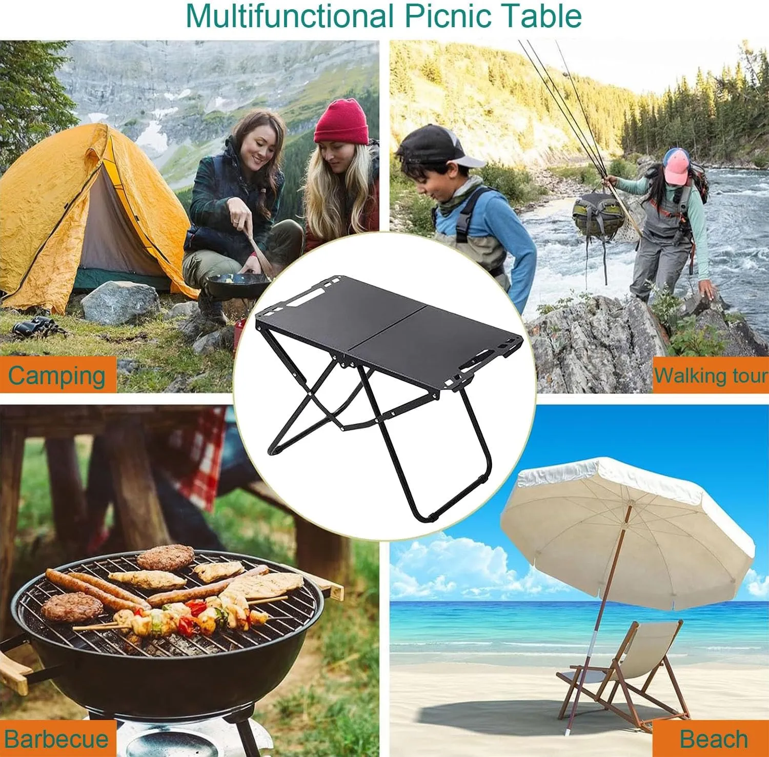 Portable Tables Folding, Metal Picnic Table, Easy Storage Grill Tables for Outside Versatile Beach Table Compact 1-2 Persons Camping Table for Outdoor BBQ Fishing Travel,Black,C