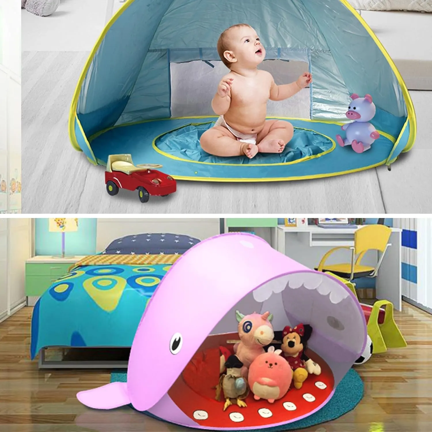 Portable UV-Resistant Baby Beach Tent, Mono Baby Beach Tent Pop up with Pool, Pop up Portable Easy Set Kids Shade Pool, UV Protection Dome for Babies Kids Infant Toddlers(Style 3,Set 2)