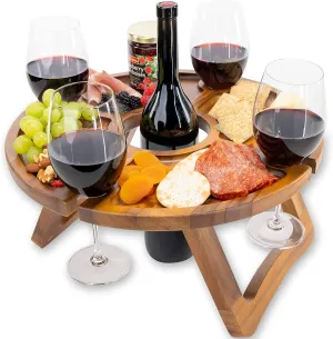 Portable Wine Table - Keeps Wine Glasses & Bottle in Place - Outdoor Wine Table - Wine Picnic Table - Wooden Outdoor Folding Picnic Table with Glass Holder - Outdoor Folding Wine Table for Outside