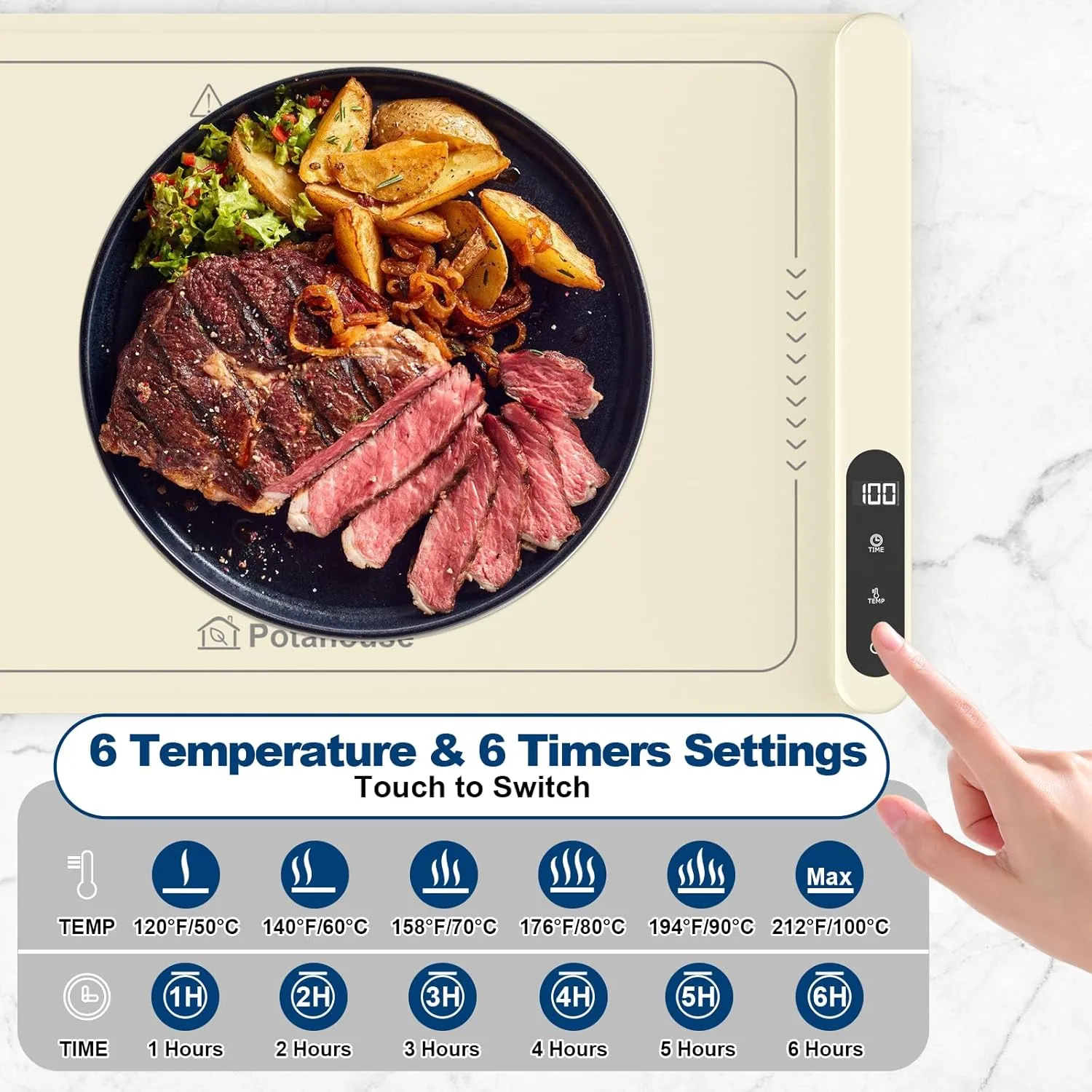 Potahouse® Warming Mat for Food, Graphene Full-Surface Fast Heating, Electric Warming Tray with 6 Temp & Timer Settings, Rollable & Portable Silicone Food Warmer for Parties, Home and Travel, Apricot