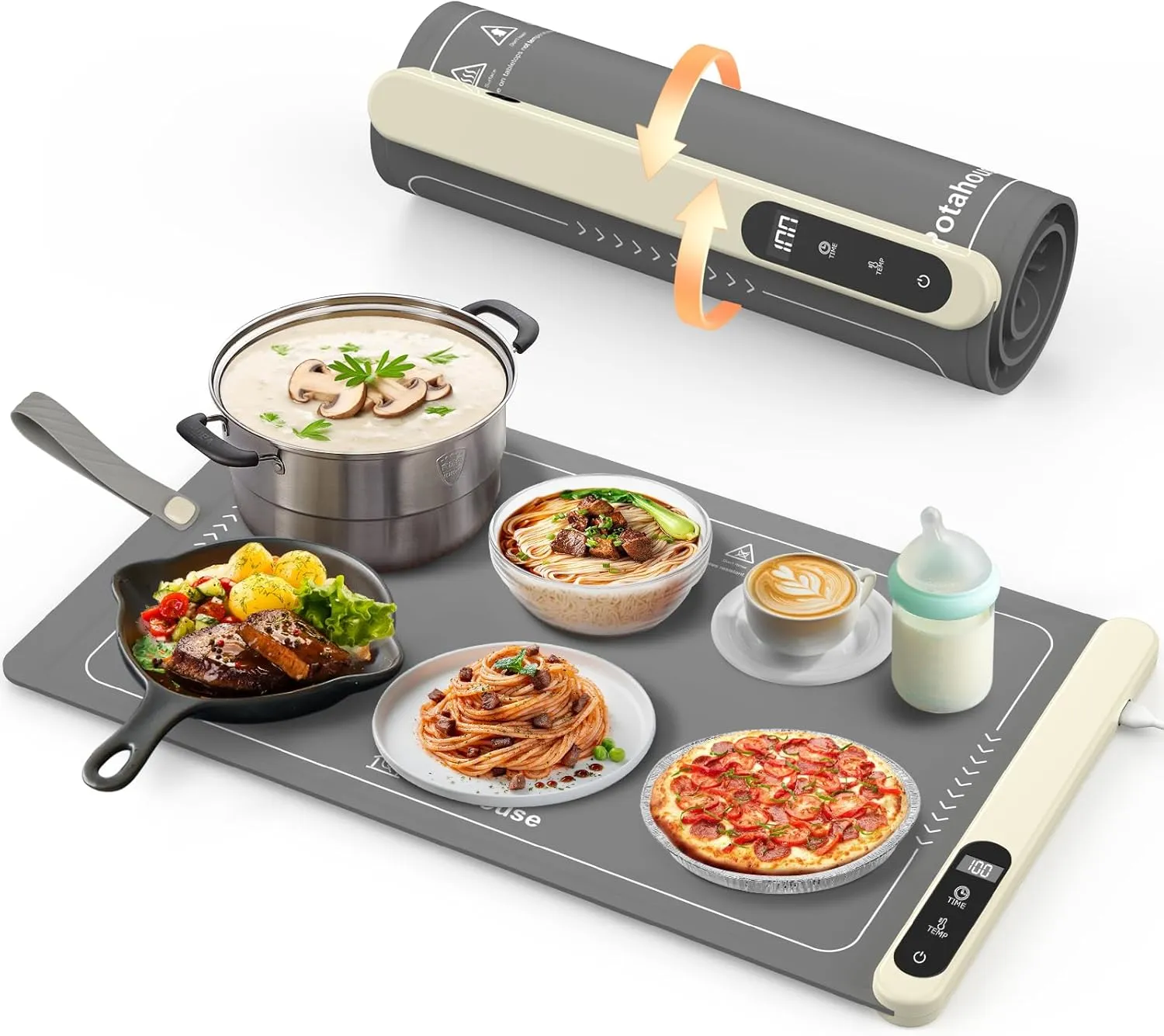 Potahouse® Warming Mat for Food, Graphene Full-Surface Fast Heating, Electric Warming Tray with 6 Temp & Timer Settings, Rollable & Portable Silicone Food Warmer for Parties, Home and Travel, Gray