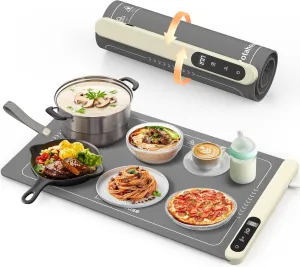 Potahouse® Warming Mat for Food, Graphene Full-Surface Fast Heating, Electric Warming Tray with 6 Temp & Timer Settings, Rollable & Portable Silicone Food Warmer for Parties, Home and Travel, Gray