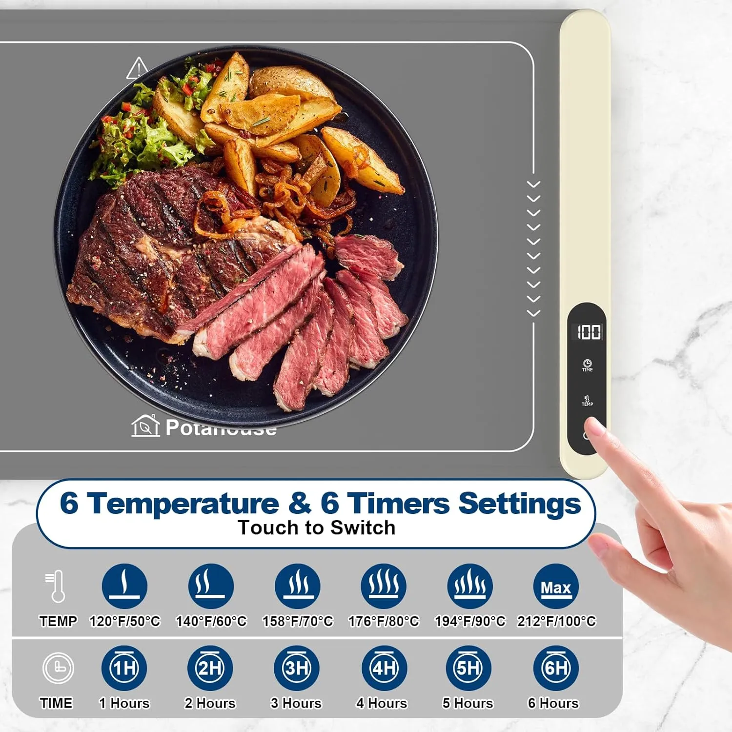 Potahouse® Warming Mat for Food, Graphene Full-Surface Fast Heating, Electric Warming Tray with 6 Temp & Timer Settings, Rollable & Portable Silicone Food Warmer for Parties, Home and Travel, Gray