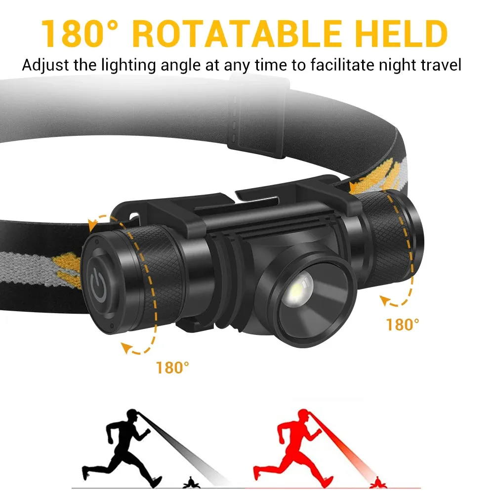 Powerful LED Zoom Headlamp, Rechargeable Type-C Headlight, Waterproof 18650 Head Torch for Camping & Fishing