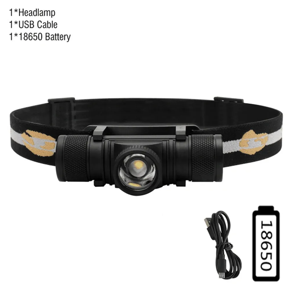 Powerful LED Zoom Headlamp, Rechargeable Type-C Headlight, Waterproof 18650 Head Torch for Camping & Fishing