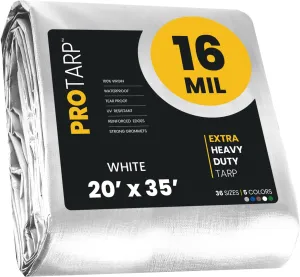 PROTARP Extra Heavy Duty 16 Mil Tarp Cover, Waterproof, UV Resistant, Rip and Tear Proof, Poly Tarpaulin with Reinforced Edges for Roof, Camping, Patio, Pool, Boat. (White 20′ X 35′)