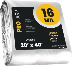 PROTARP Extra Heavy Duty 16 Mil Tarp Cover, Waterproof, UV Resistant, Rip and Tear Proof, Poly Tarpaulin with Reinforced Edges for Roof, Camping, Patio, Pool, Boat. (White 20′ X 40′)