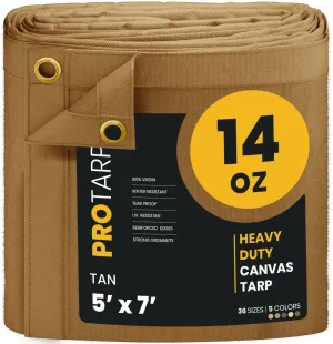 PROTARP Extreme Heavy Duty Waterproof Canvas Tarp 20 oz, UV Resistant Tarpaulin Cover with Rustproof Brass Grommets, Multipurpose for Canopy, Roof, Camping, Wood Pile (Tan 5'X7')