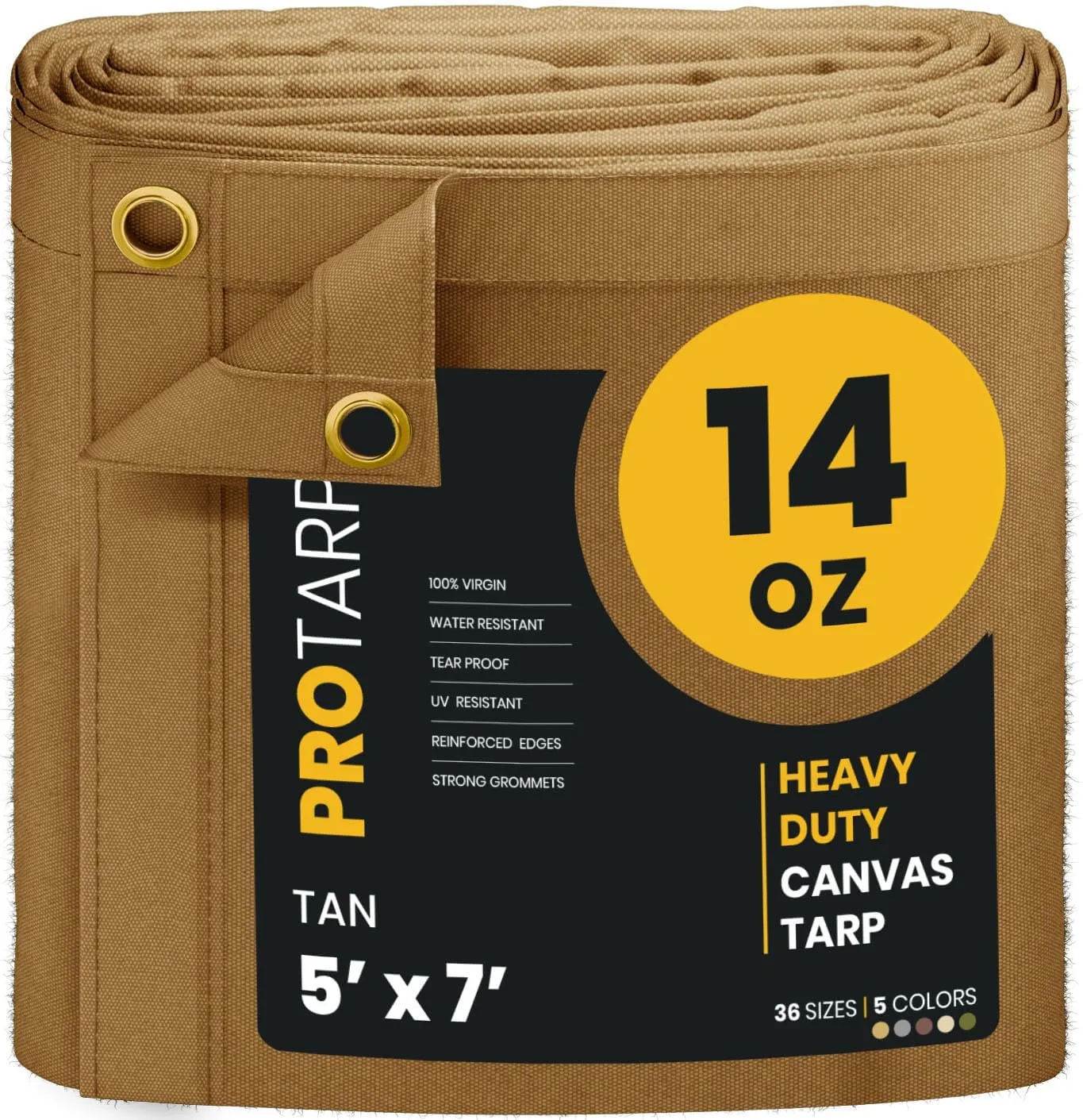 PROTARP Extreme Heavy Duty Waterproof Canvas Tarp 20 oz, UV Resistant Tarpaulin Cover with Rustproof Brass Grommets, Multipurpose for Canopy, Roof, Camping, Wood Pile (Tan 5'X7')