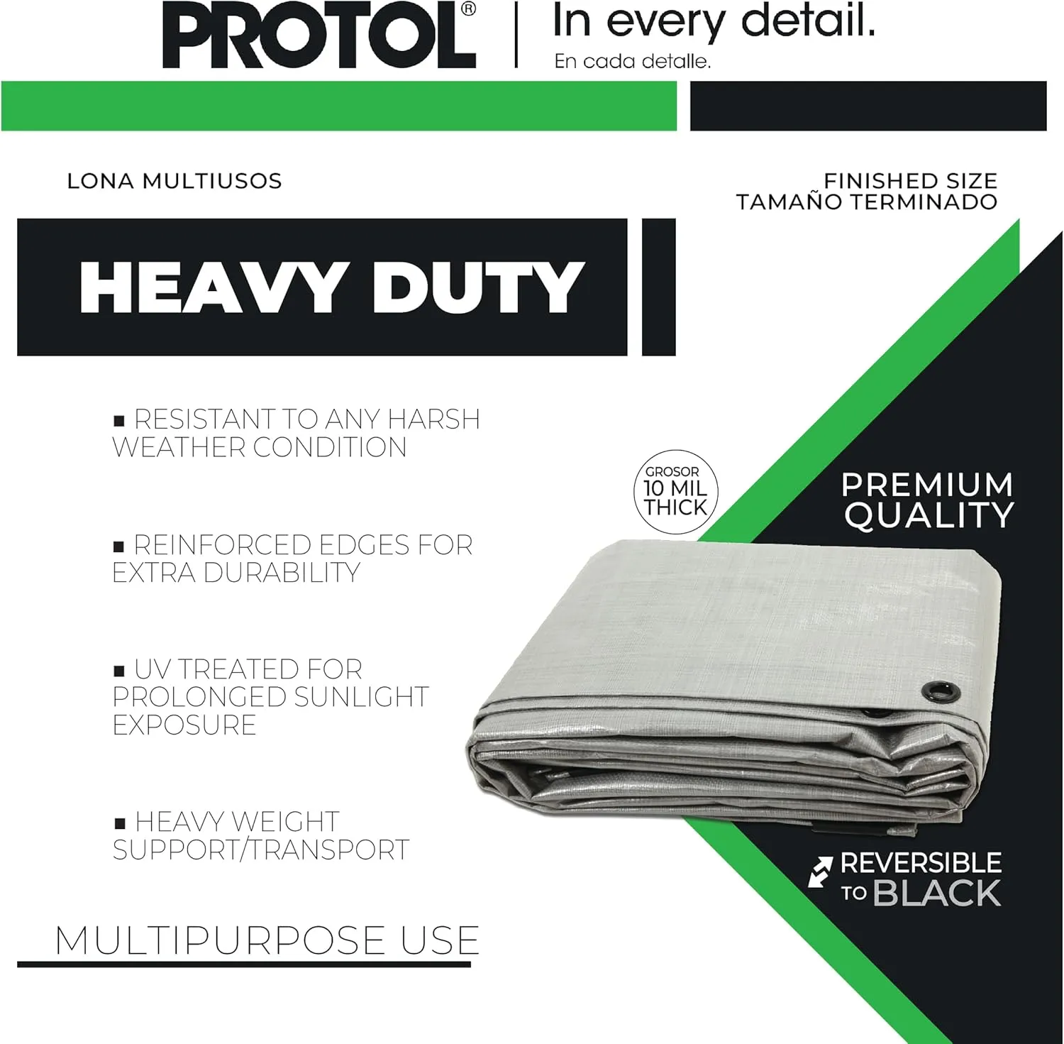 Protol 20x20 Feet Super Heavy Duty Reversible Tarp 10 Mil - Waterproof, UV Resistant, Tear Proof with Grommets - Ideal for Boat, Car, RV, Camping