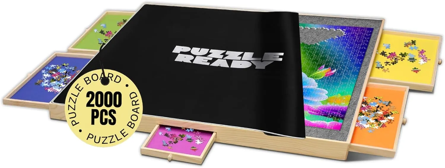 Puzzle Ready Large 2000-Piece Puzzle Board - 41" x 32" Puzzle Table with 5 Colorful Drawers, Cover Mat, Felt Workspace & Carrying Handle – Ideal Game Table for Adults & Children