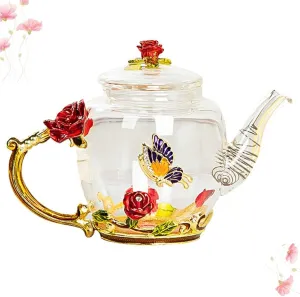 qiuqiu Glass Teapot- 1PC Enamel Blue Rose Flower Butterfly Decoration Heat Resistant Glass Teapot Kettle for Blooming Tea, Loose Leaf Tea-Red