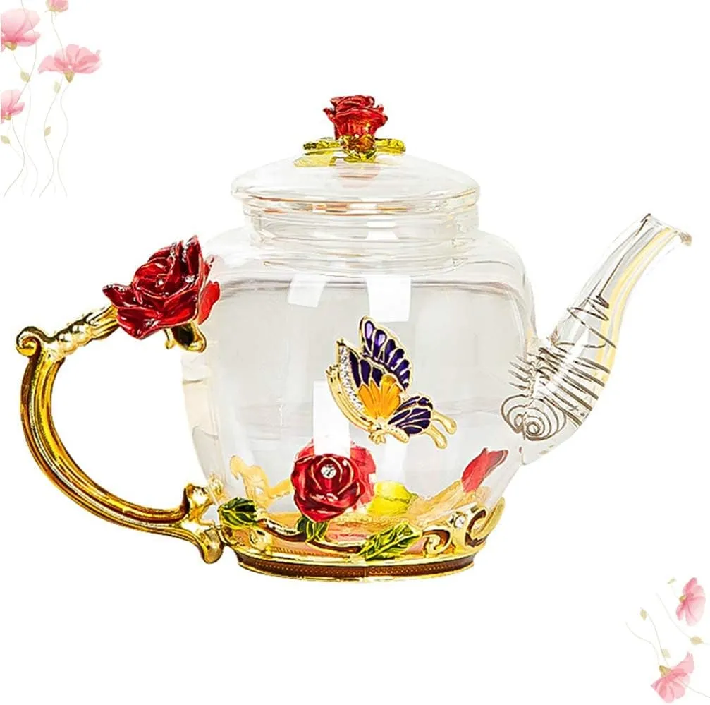 qiuqiu Glass Teapot- 1PC Enamel Blue Rose Flower Butterfly Decoration Heat Resistant Glass Teapot Kettle for Blooming Tea, Loose Leaf Tea-Red