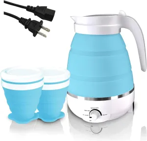 Qivine Collapsible Travel Kettle, Silicone Portable Water Boiler, 600ML, Foldable Electric Pot for Boiling Water, Small Camping Kettle for Tea Coffee, Blue