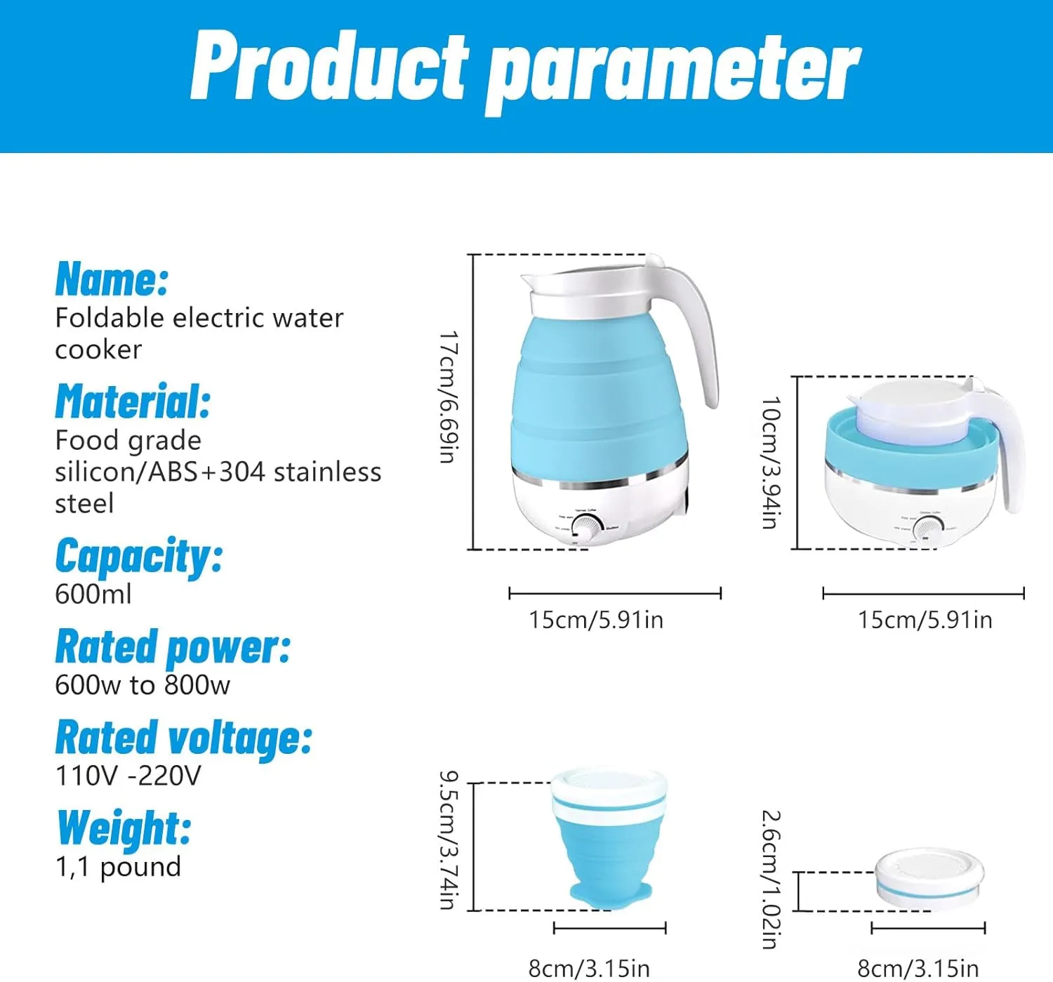 Qivine Collapsible Travel Kettle, Silicone Portable Water Boiler, 600ML, Foldable Electric Pot for Boiling Water, Small Camping Kettle for Tea Coffee, Blue