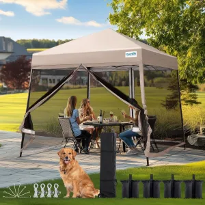 Quictent 9'x9’ Pop up Screened Canopy Tent with Mosquito Netting, Portable Easy up Outdoor Screen House Shelter Fully Sealed for Patio, Camping and Picnic, Includes Wheeled Carry Bag (Tan)