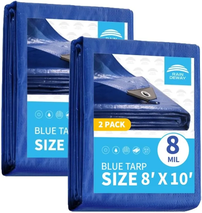 RAINDEWAY Tarps 8x10 Feet (2 Pack) 8 Mil, UV Resistant, Durable, Waterproof Poly Tarp Cover with Metal Grommets and Reinforced Edges,Blue Tarp