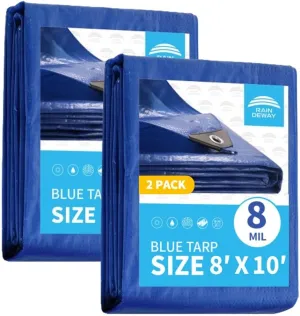 RAINDEWAY Tarps 8x10 Feet (2 Pack) 8 Mil, UV Resistant, Durable, Waterproof Poly Tarp Cover with Metal Grommets and Reinforced Edges,Blue Tarp
