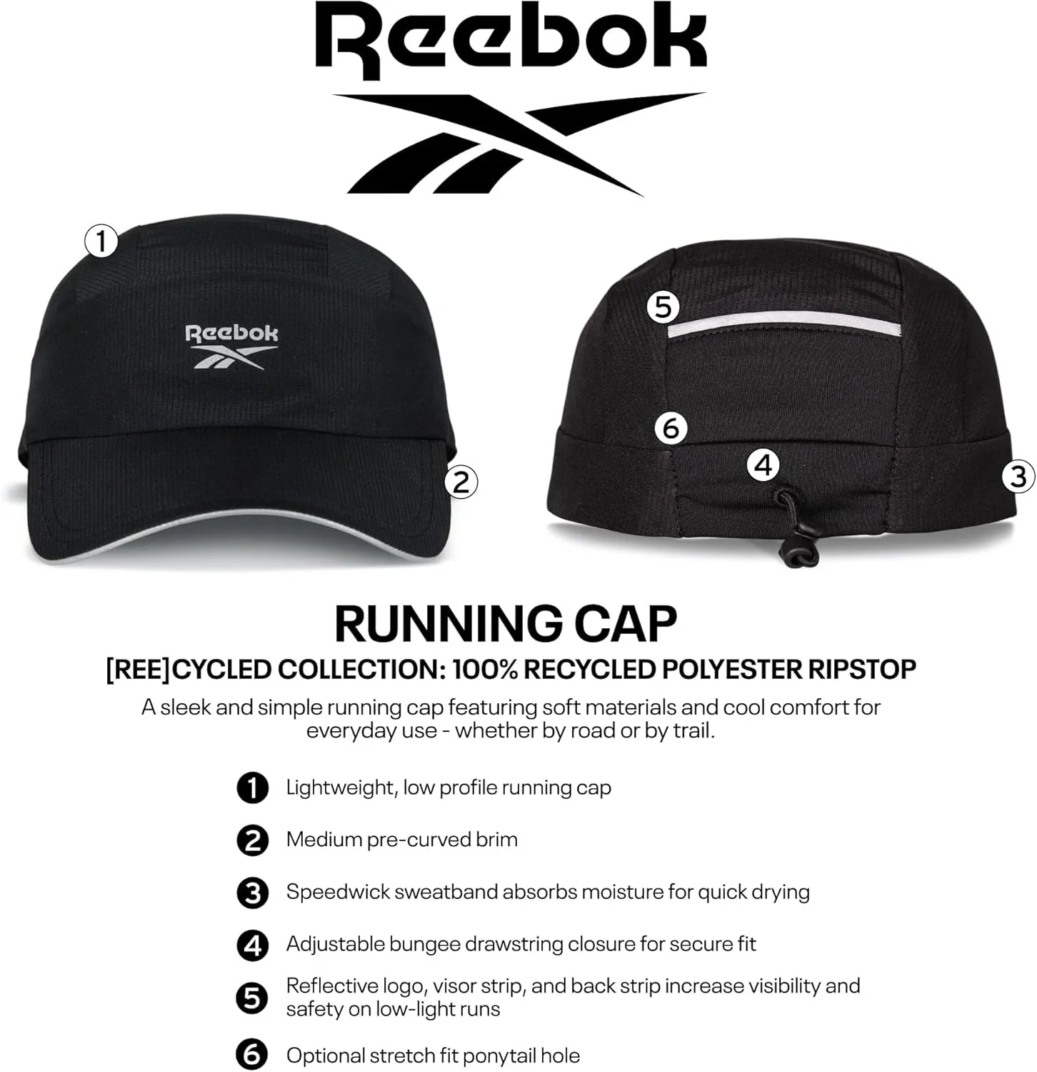 Reebok Running Hat | Performance | Athletic | Lightweight | Quick Drying | Sun Protection | Reflective | Recycled Materials