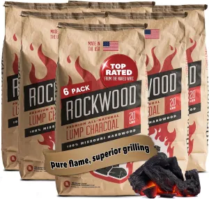 Rockwood Natural Lump Charcoal – Premium Oak, Hickory & Cherry Hardwood Blend for High-Heat Grilling & Slow Smoking – Compatible with Kettle & Kamado Grills, Clean Burning, Made in USA – 20lbs (6pk)