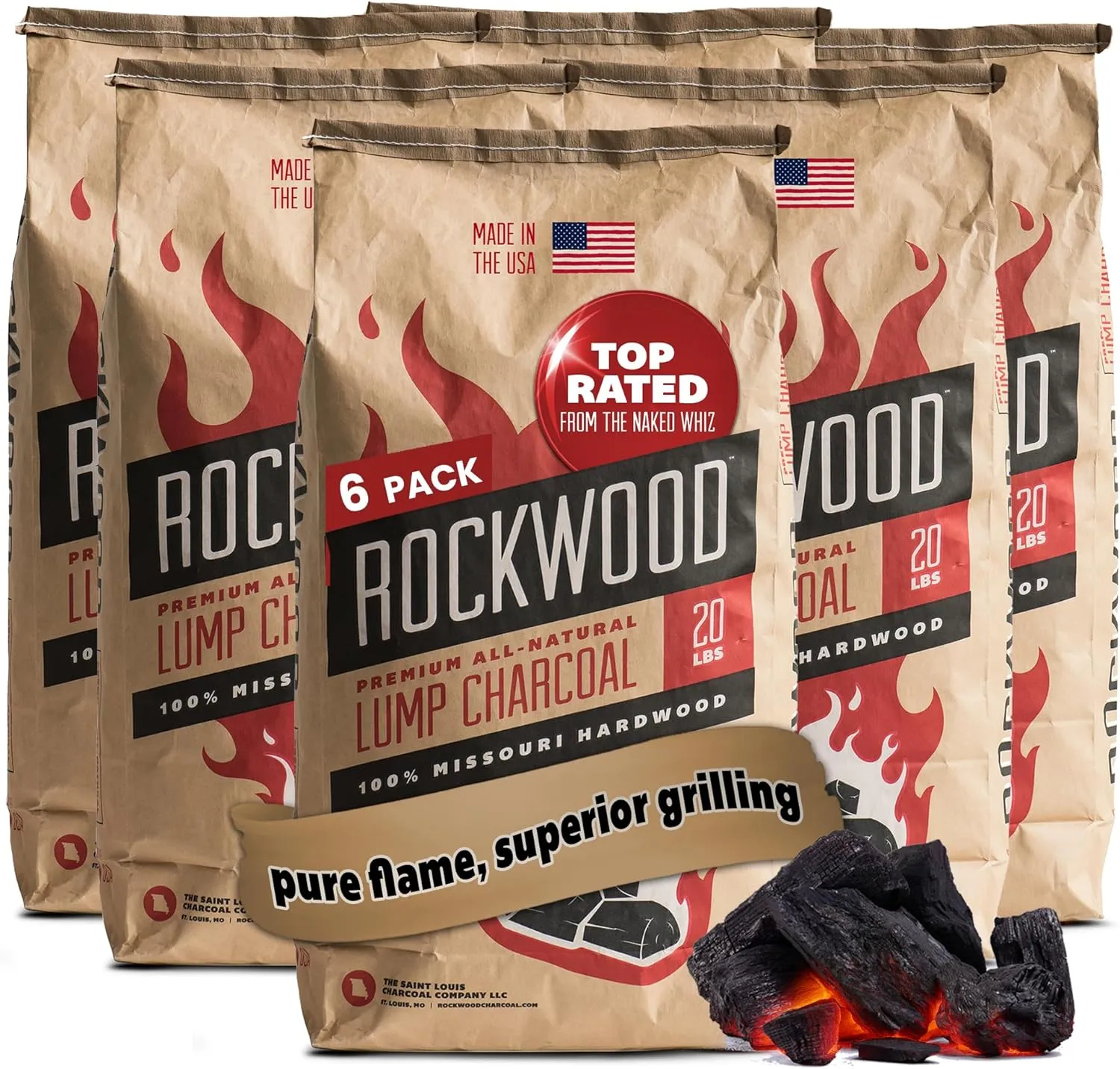 Rockwood Natural Lump Charcoal – Premium Oak, Hickory & Cherry Hardwood Blend for High-Heat Grilling & Slow Smoking – Compatible with Kettle & Kamado Grills, Clean Burning, Made in USA – 20lbs (6pk)