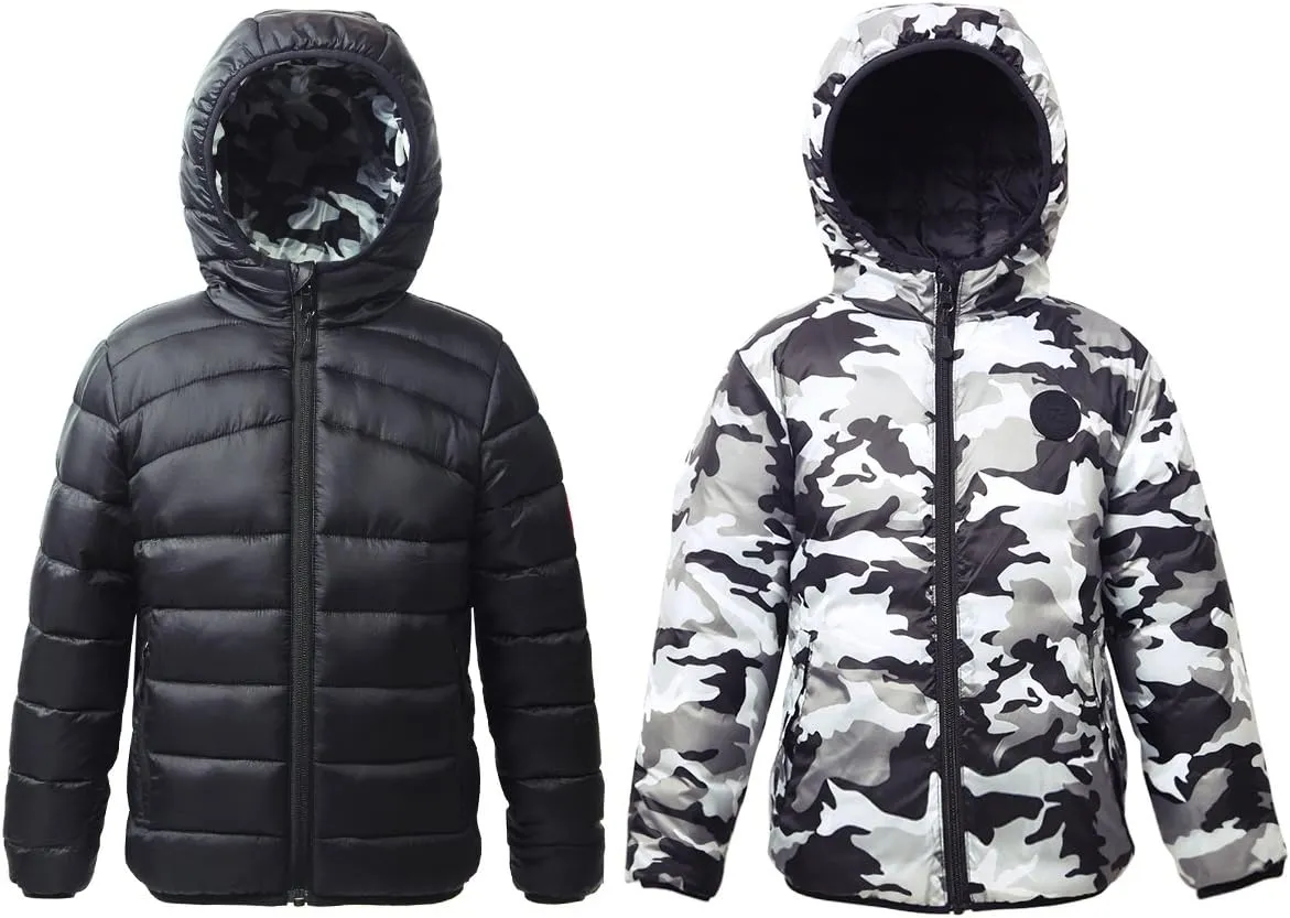 Rokka&Rolla Boys' Reversible Lightweight Puffer Jacket Hooded Water-Resistant Winter Coat