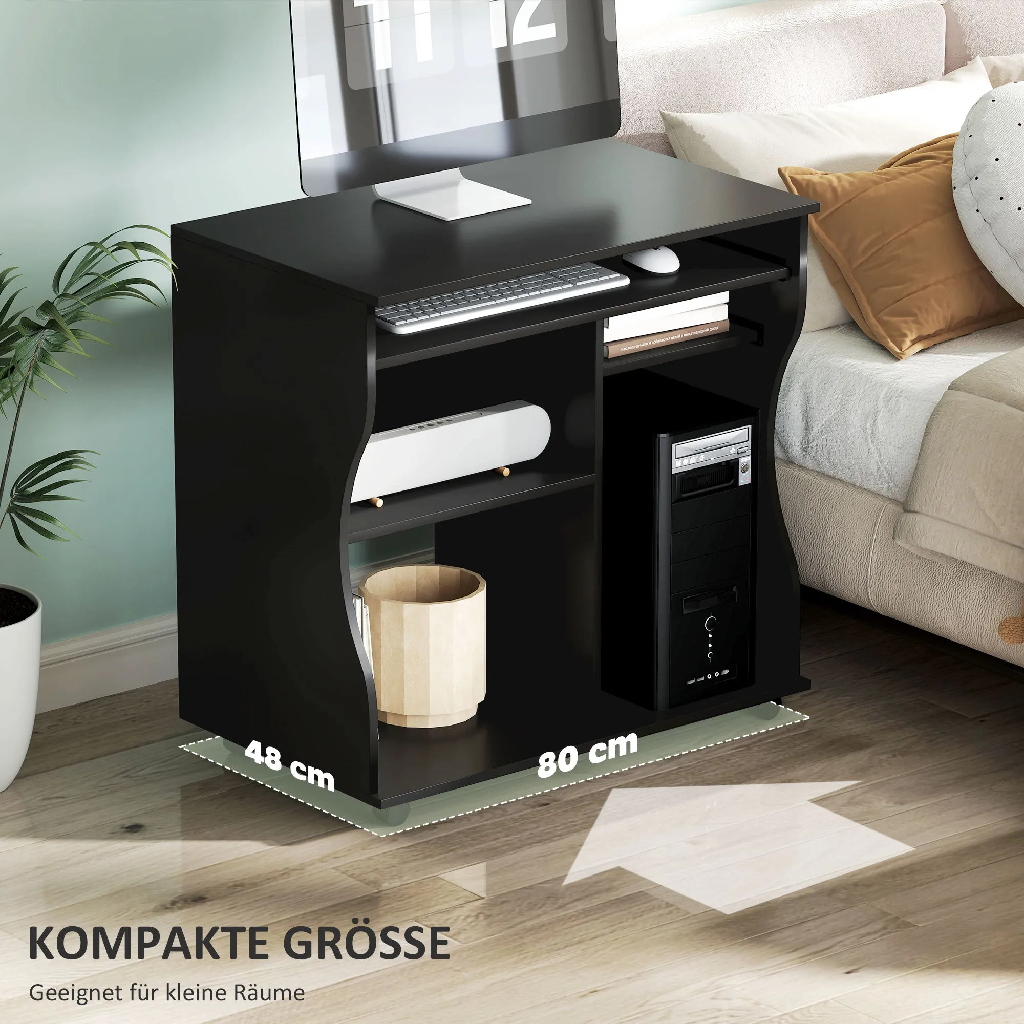 Rootz Rollable Computer Table - Desk with Storage - Mobile Workstation - Ample Storage Space - 80 x 48 x 75 cm, Black