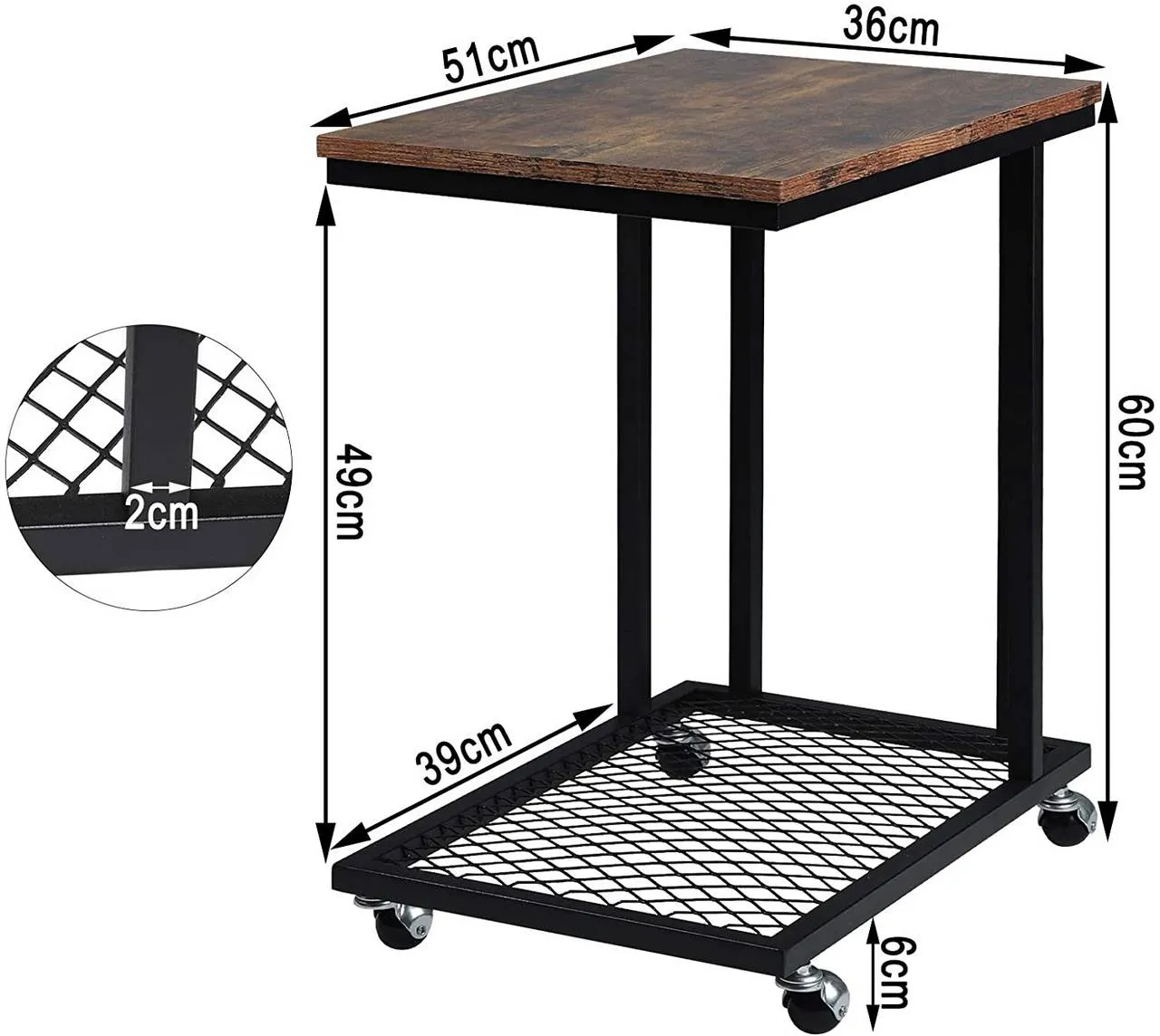 Rootz Vintage Style Side Table - C Table - Rollable Coffee Table - MDF & Metal - 51cm x 36cm - Classic Design
