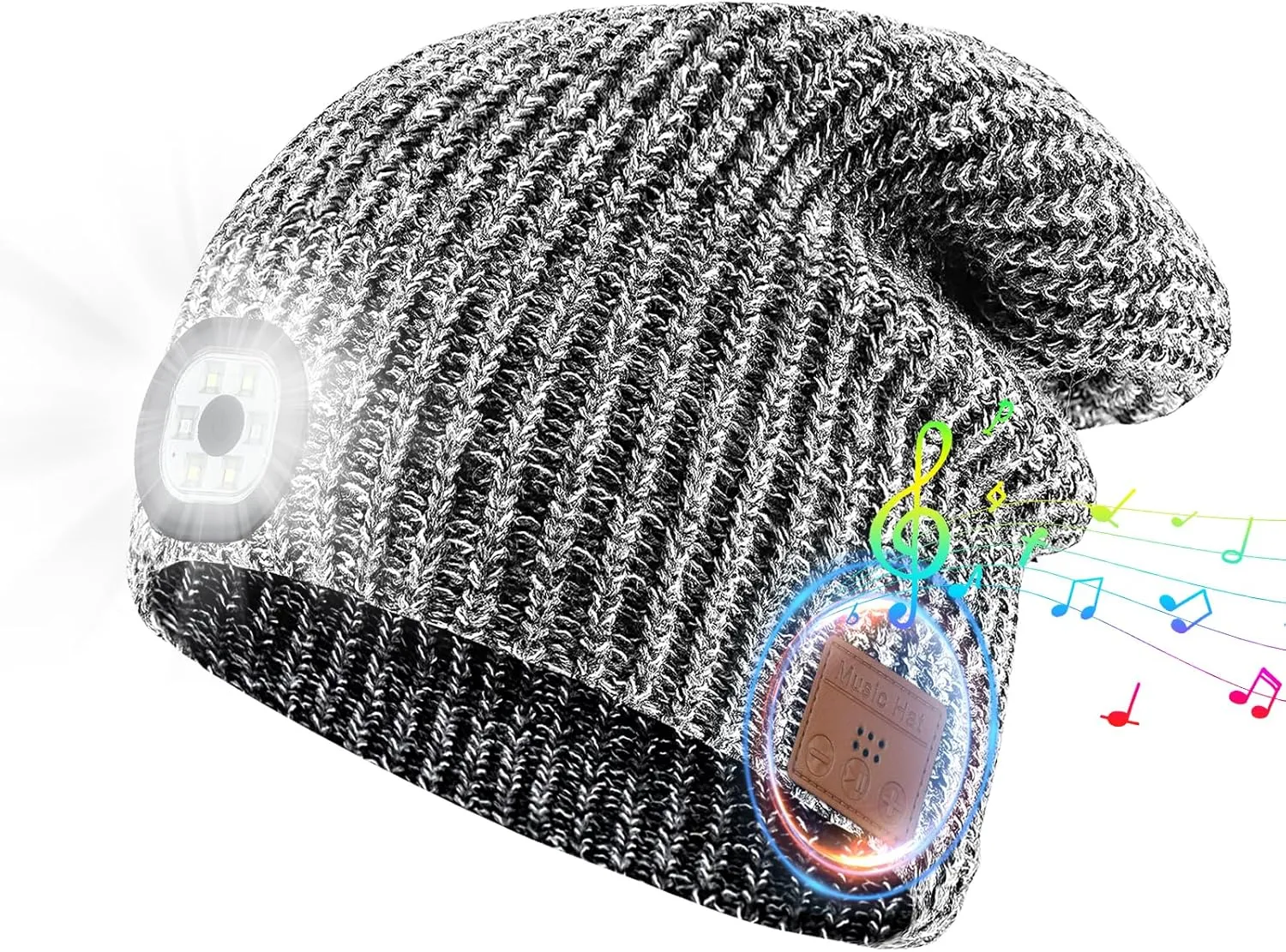 Rotibox Bluetooth Beanie with Light, Headlamp Hat with Headphones for Outdoor Sports,Warm Winter Beanie