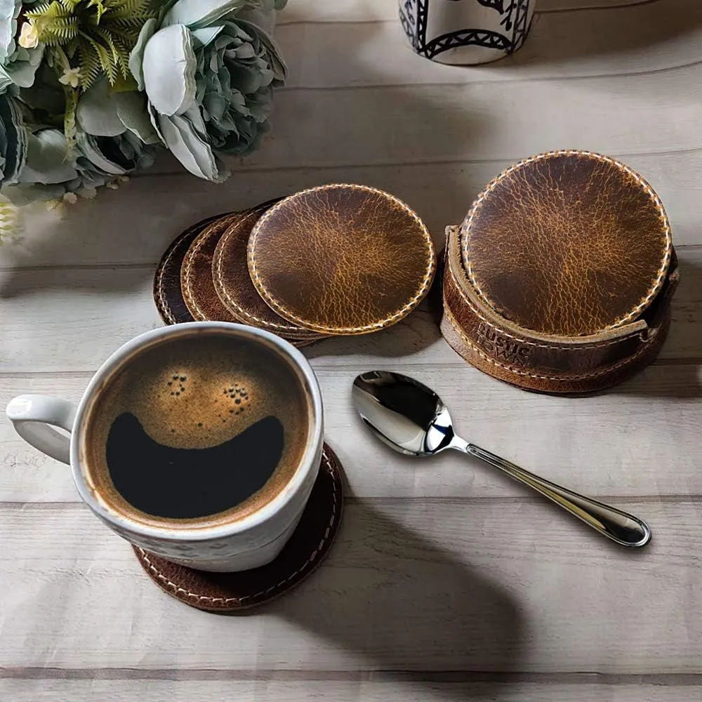 Rustic Town Leather Coasters for Drinks - Cup Coasters Coffee Table Kitchen Table Bar, Home & Office Gifts Handmade Drink Coasters