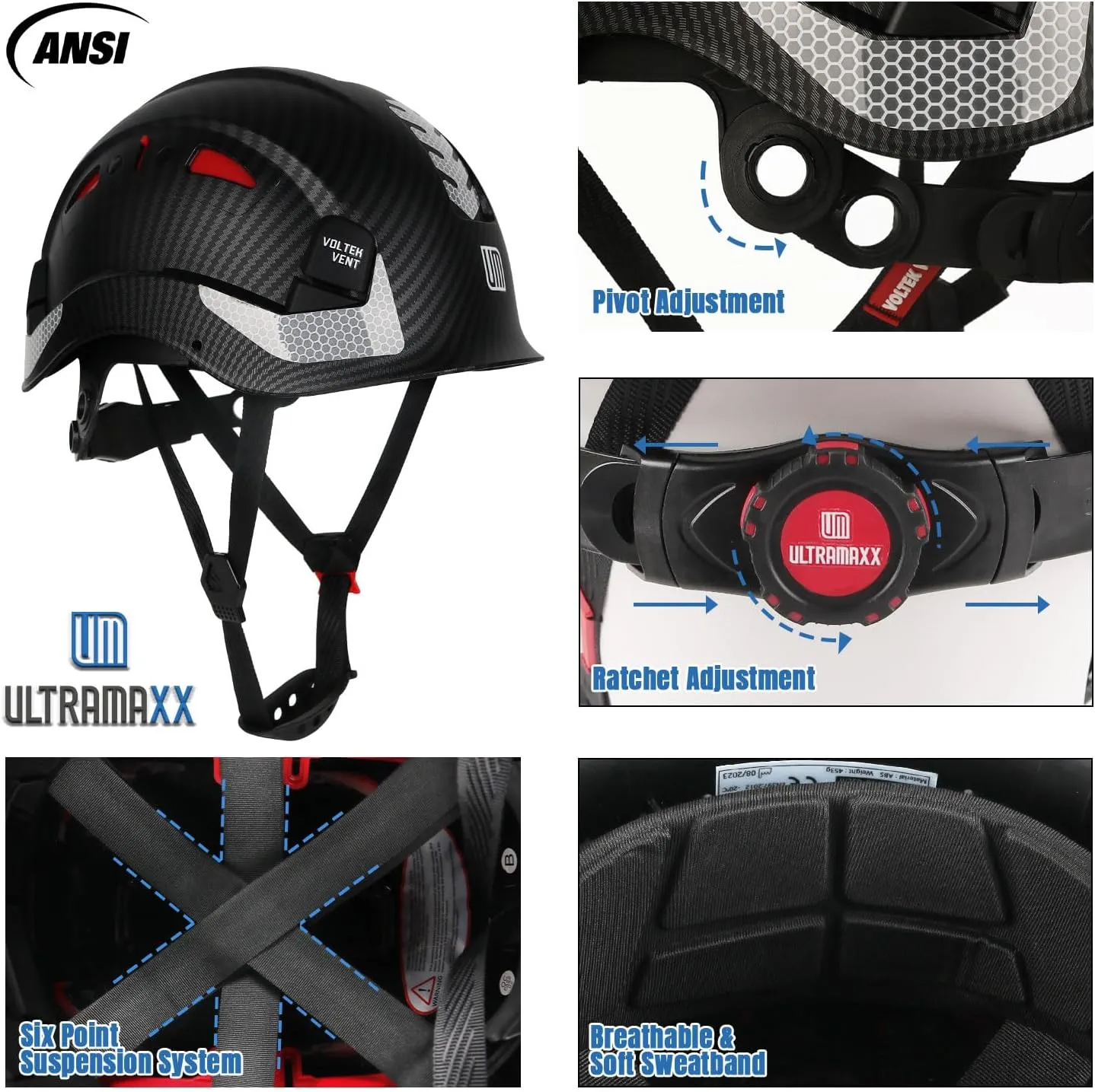 Safety Helmet Hard Hat, ANSI Z89.1 Approved Lightweight Vented Work Helmet, 6-Point Adjustable Ratchet Suspension Hardhat Ideal for Industrial and Construction