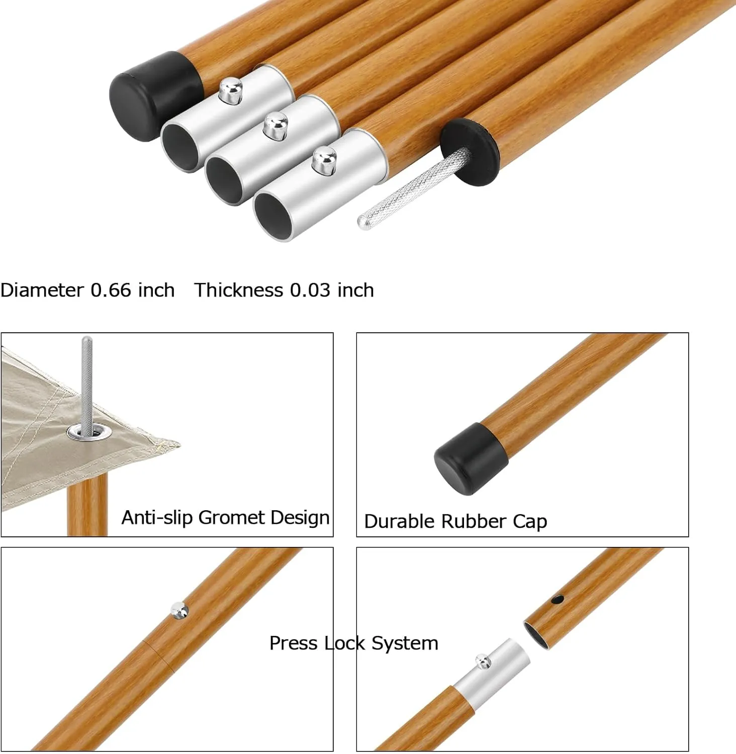 SAN LIKE Aluminum Tent Poles for Tarp - 75in Collapsible Poles for Awnings, Canopy, Rain Fly & Shelter - 2 Sets (5 Sections-Woodgrain)