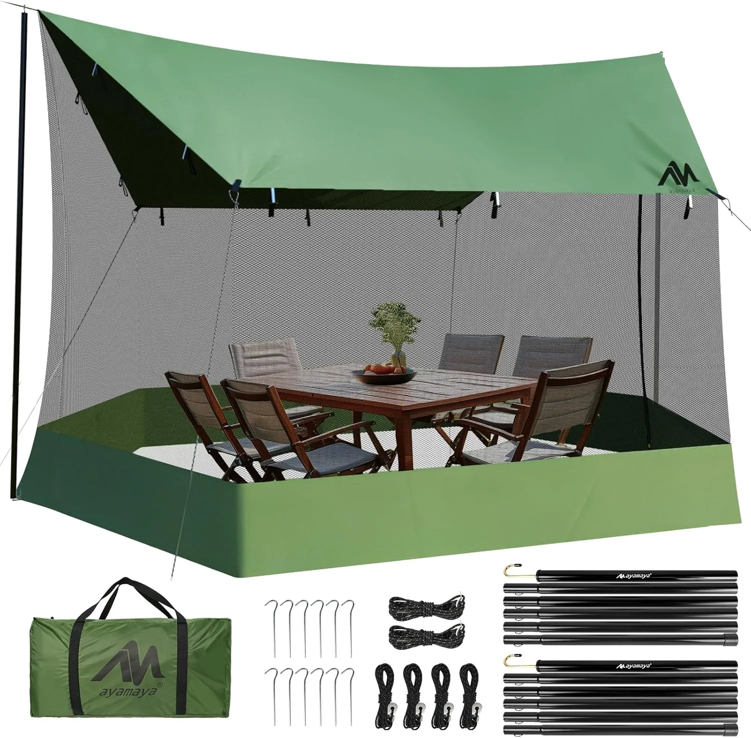 Screen House for Hammock with Tarp Poles, AYAMAYA Large Size 18 x 11 FT Camping Tarp with Mosquito Net, Portable Hammock Tent Rainfly with Bug Net for Picnics Backyards Backpacking Camping Beach