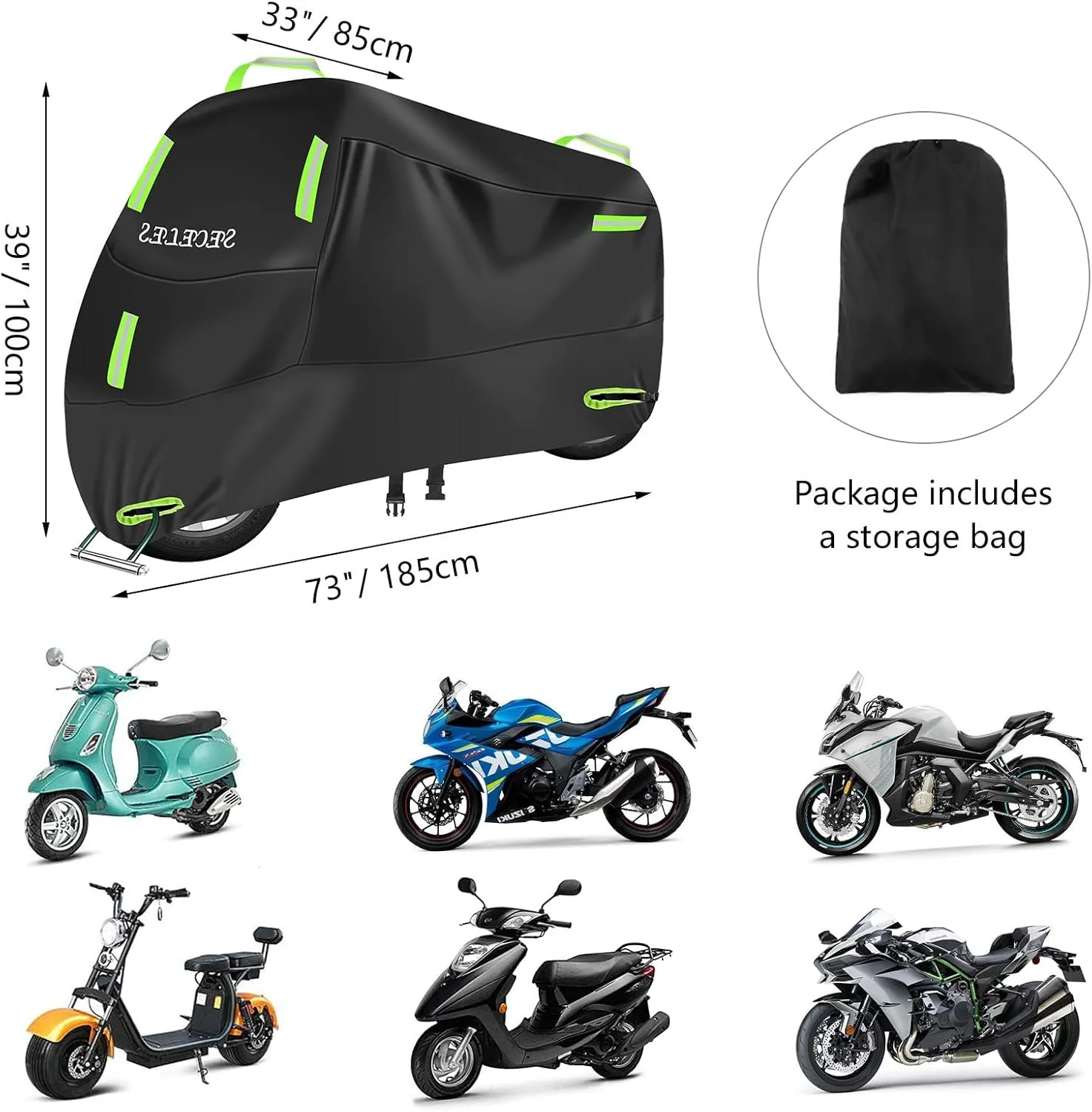 SECELES 300D Electric Bike Cover Waterproof Outdoor, 2 Lock Holes, 2 Buckles, 4 Reflective Strips, fit up to 76" Total Length Bike Electric Scooter (M: 74" * 30" * 39" for Bicycle)