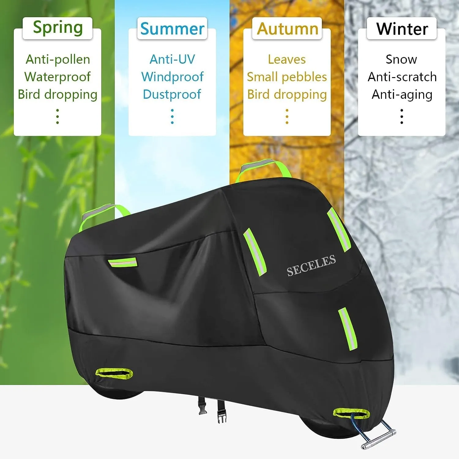 SECELES 300D Electric Bike Cover Waterproof Outdoor, 2 Lock Holes, 2 Buckles, 4 Reflective Strips, fit up to 76" Total Length Bike Electric Scooter (M: 74" * 30" * 39" for Bicycle)