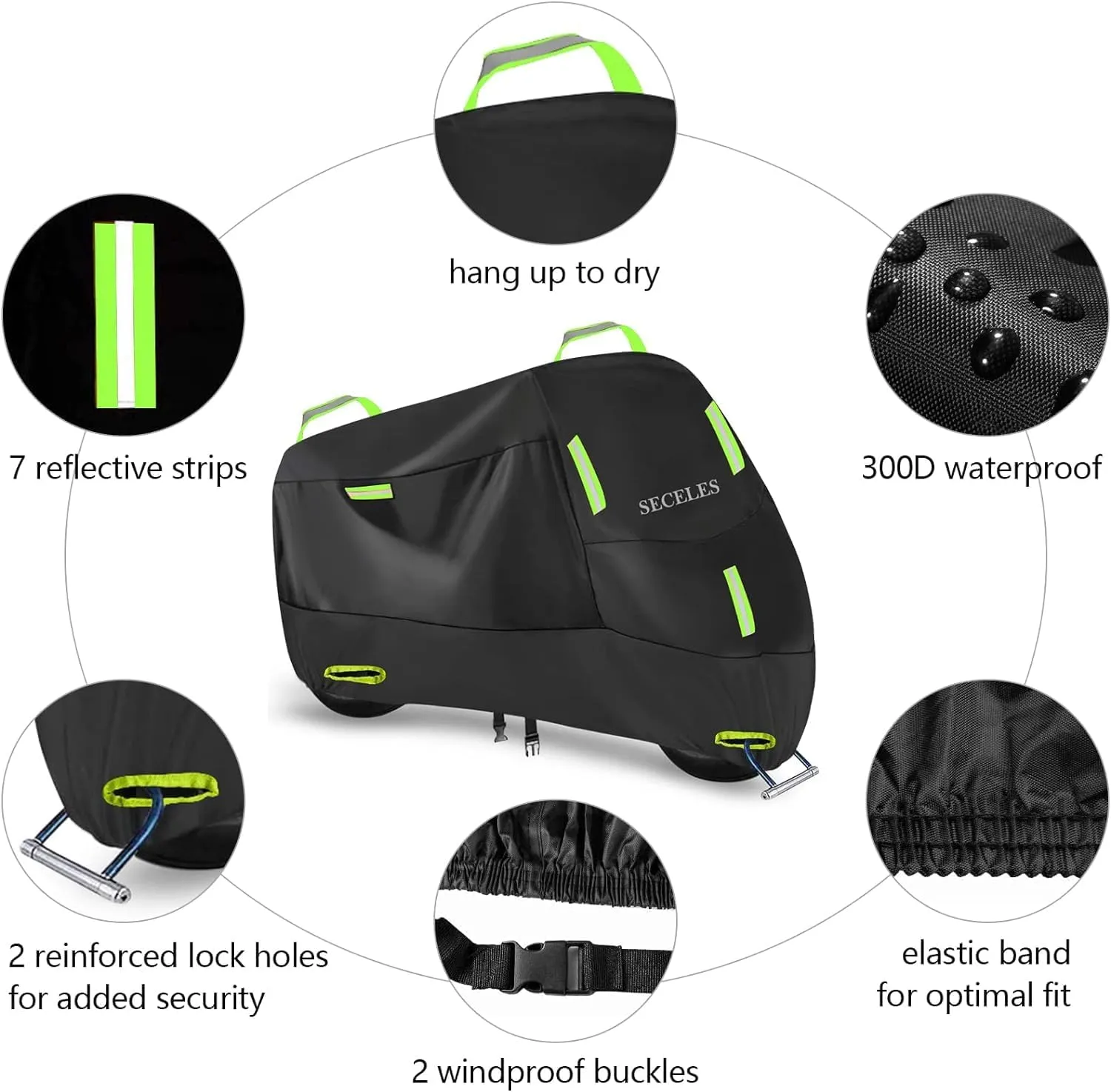 SECELES 300D Electric Bike Cover Waterproof Outdoor, 2 Lock Holes, 2 Buckles, 4 Reflective Strips, fit up to 76" Total Length Bike Electric Scooter (M: 74" * 30" * 39" for Bicycle)