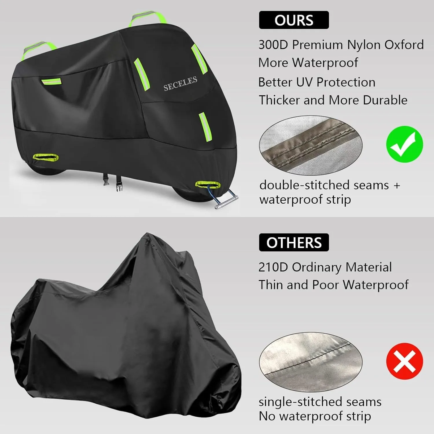 SECELES 300D Electric Bike Cover Waterproof Outdoor, 2 Lock Holes, 2 Buckles, 4 Reflective Strips, fit up to 76" Total Length Bike Electric Scooter (M: 74" * 30" * 39" for Bicycle)