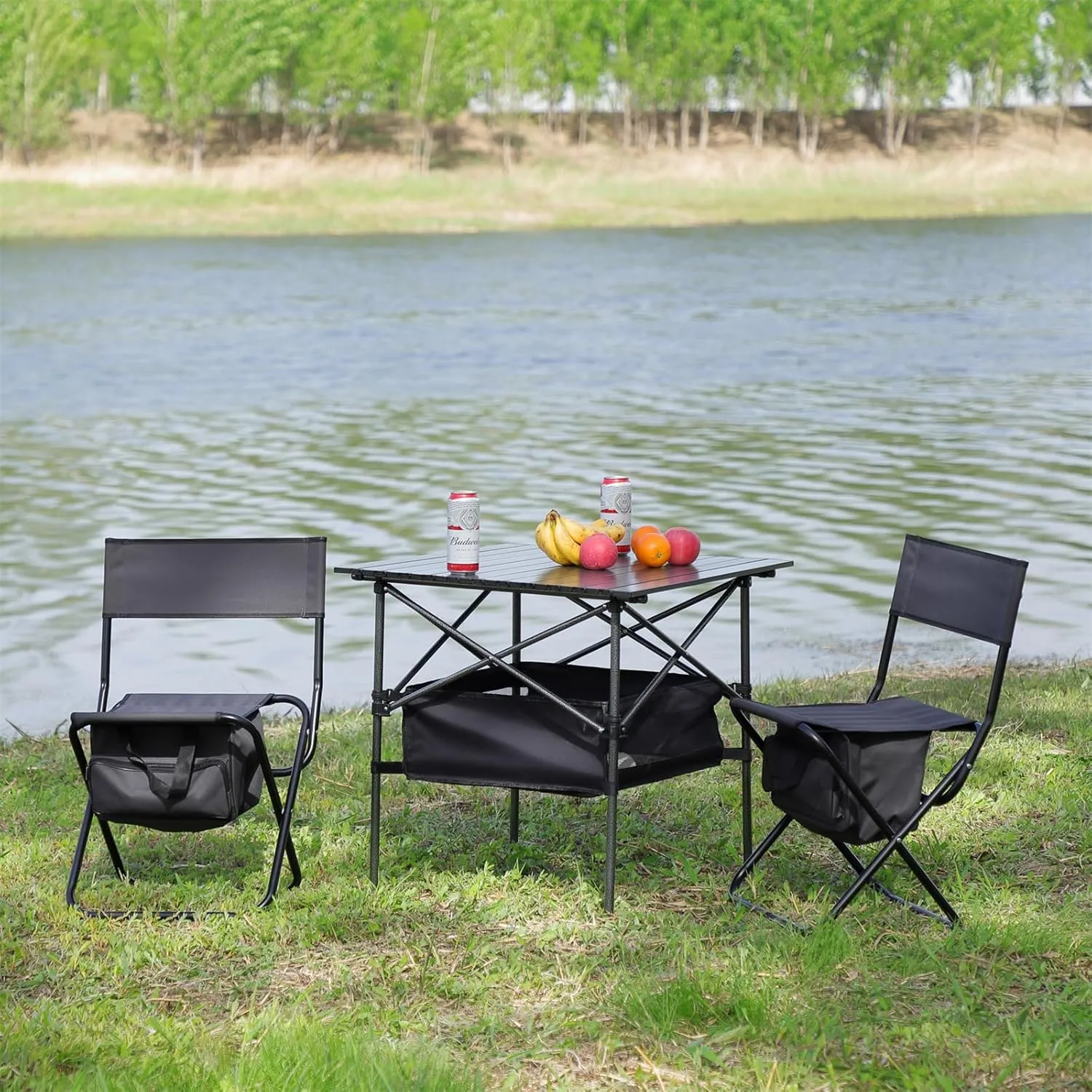 Set of 3 Folding Outdoor Table and Chairs, Lightweight Aluminum Roll-Up Table with Sturdy Steel Frame Feet and Storage Bag, Portable Camping, Picnic, Beach, Patio Furniture Set, Black Gray