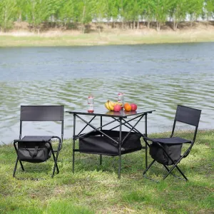 Set of 3 Folding Outdoor Table and Chairs, Lightweight Aluminum Roll-Up Table with Sturdy Steel Frame Feet and Storage Bag, Portable Camping, Picnic, Beach, Patio Furniture Set, Black Gray