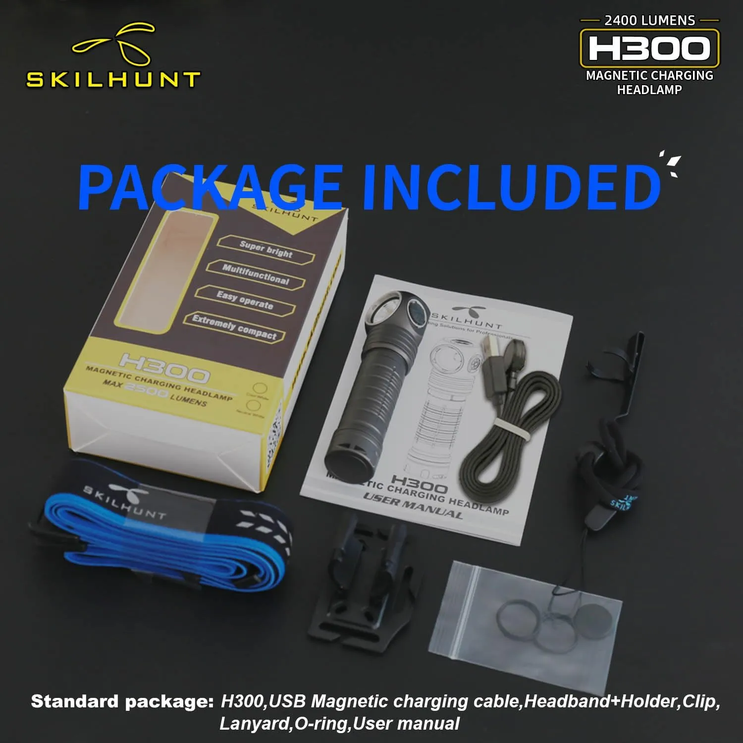 SKILHUNT H300 Magnetic USB Rechargeable Headlamp, Running Camping Hiking Caving, Hands-Free Reliable Angle Light, Waterproof Flashlight (Grey, H300R XHP50.3 HI)