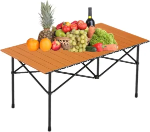 Small Folding Camping Table, Portable Beach Table with Aluminum Top, Lightweight Design for Outdoor Cooking, Picnic, BBQ, and Festivals Wood Color 120×55×50cm/47×21×19.7in