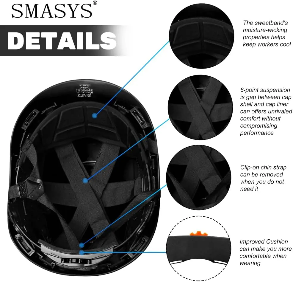 SMASYS Safety Hard Hat ABS Helmet Adjustable with Visor 6-Point Suspension Perfect for Construction and Climbing