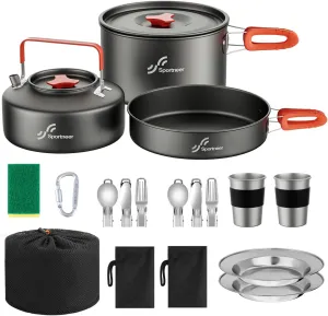 Sportneer Camping Cookware Mess Kit, Large Size Pot Pan Kettle Set with Stainless Steel Cups Plates Forks Knives Spoons for Camping, Backpacking, Outdoor Cooking and Picnic