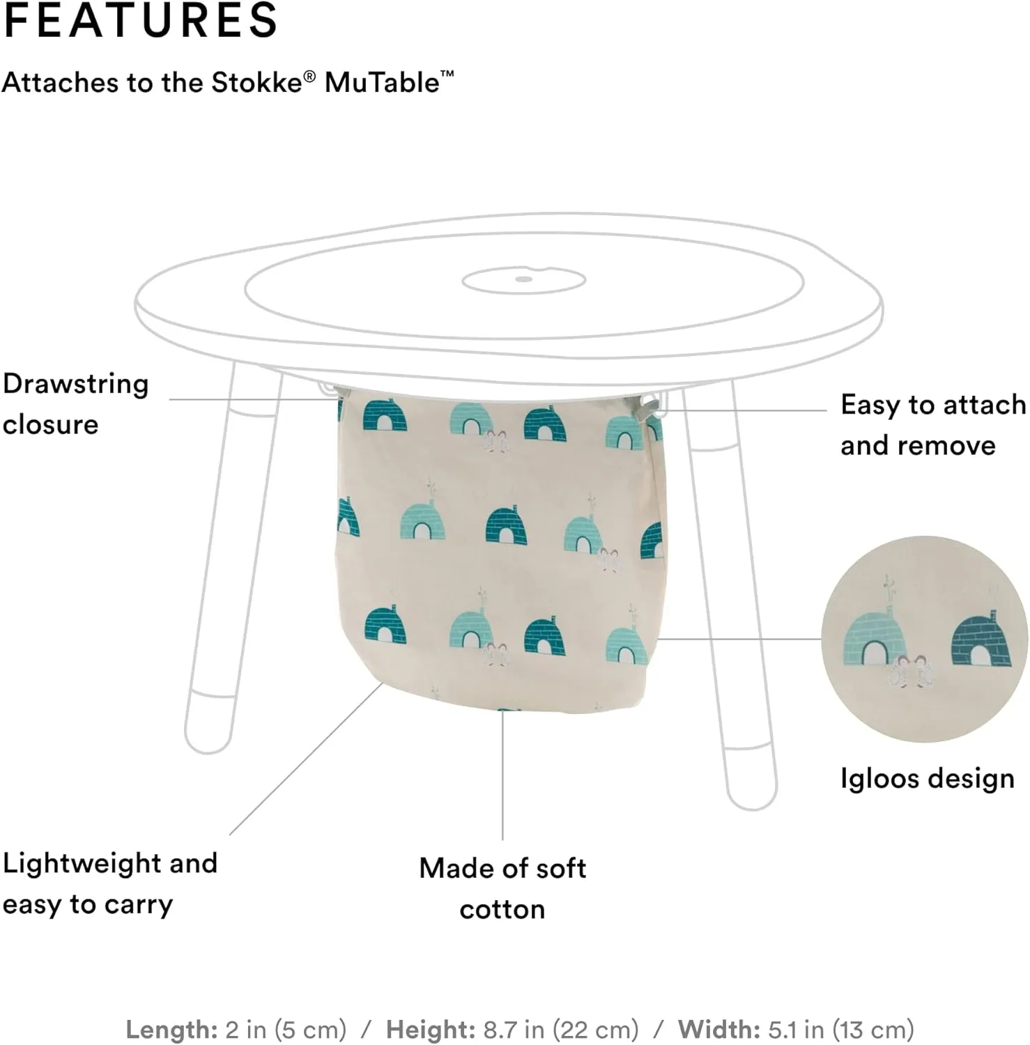 Stokke MuTable Cotton Bag, Igloos - Toy Storage Bag for Small to Medium-Sized Toys - Made of Soft Cotton - Lightweight, Easy to Carry