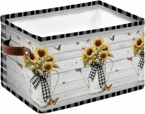 Storage Bins Large Storage Basket, Sunflower Butterfly Farm Kettle Collapsible Storage Bins with Handle, Black Checker Vintage Wood Board Storage Baskets Cube Organizer for Shelves Closet Nursery