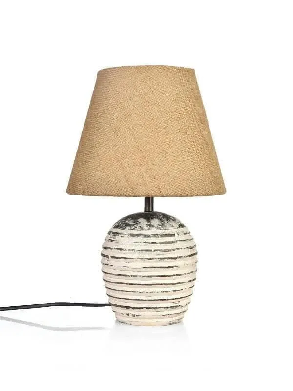 Striped Wooden White Lamp With Brown Jute Shade