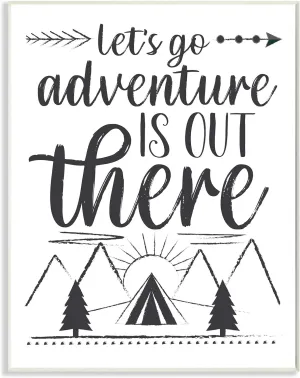Stupell Industries Adventure's Out There Phrase Camping Tent Mountain Range, Designed by AE Design Wall Plaque, 13 x 19, White