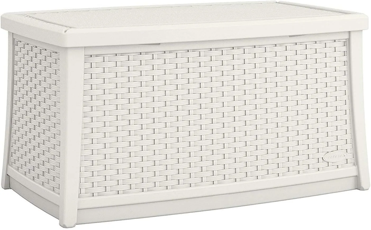 Suncast Elements 30-Gallon End Table with Storage - Lightweight Resin Outdoor Storage Patio and Coffee Table for Cushions, Gardening Tools and Toys - Store Items on Patio - White, Made in the USA