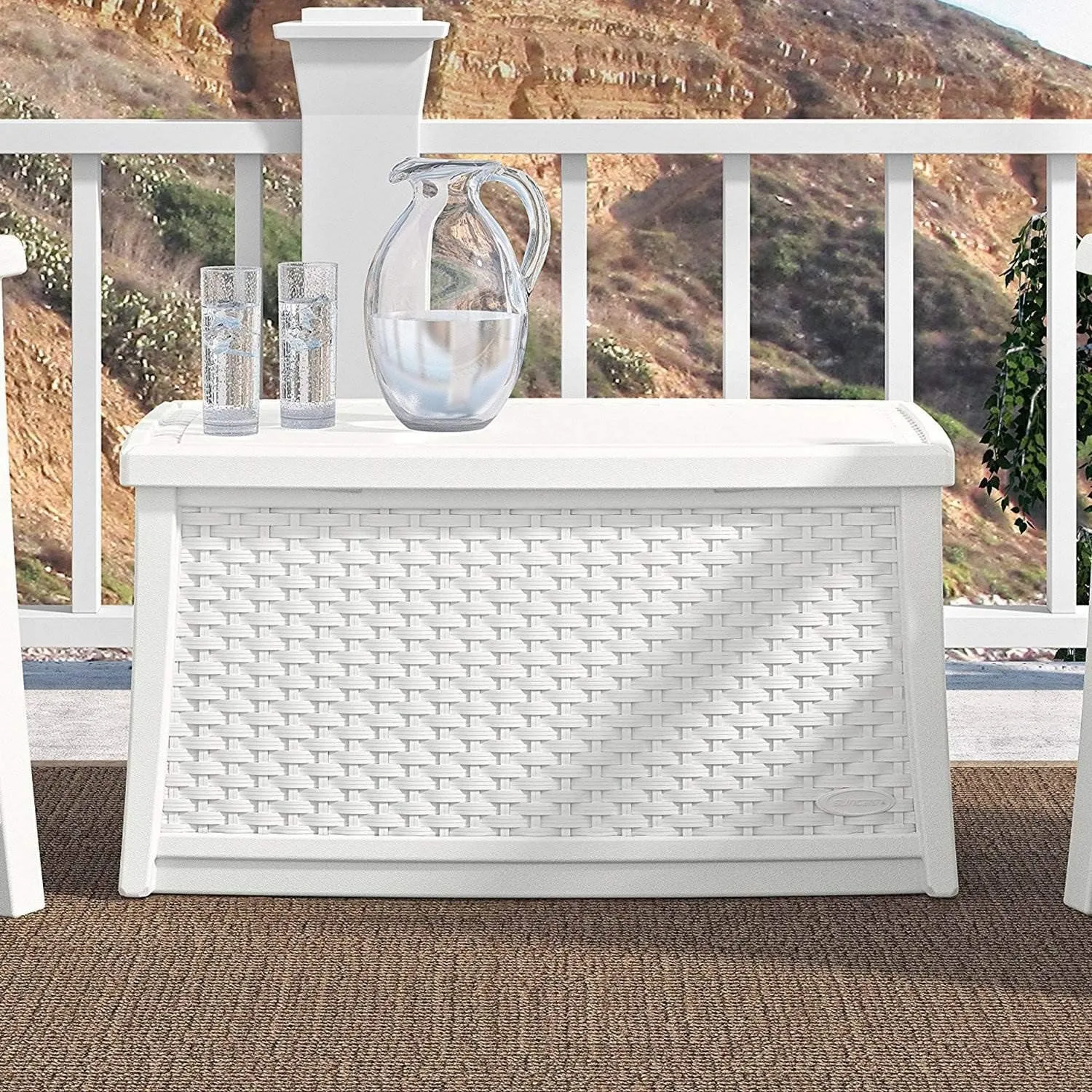 Suncast Elements 30-Gallon End Table with Storage - Lightweight Resin Outdoor Storage Patio and Coffee Table for Cushions, Gardening Tools and Toys - Store Items on Patio - White, Made in the USA